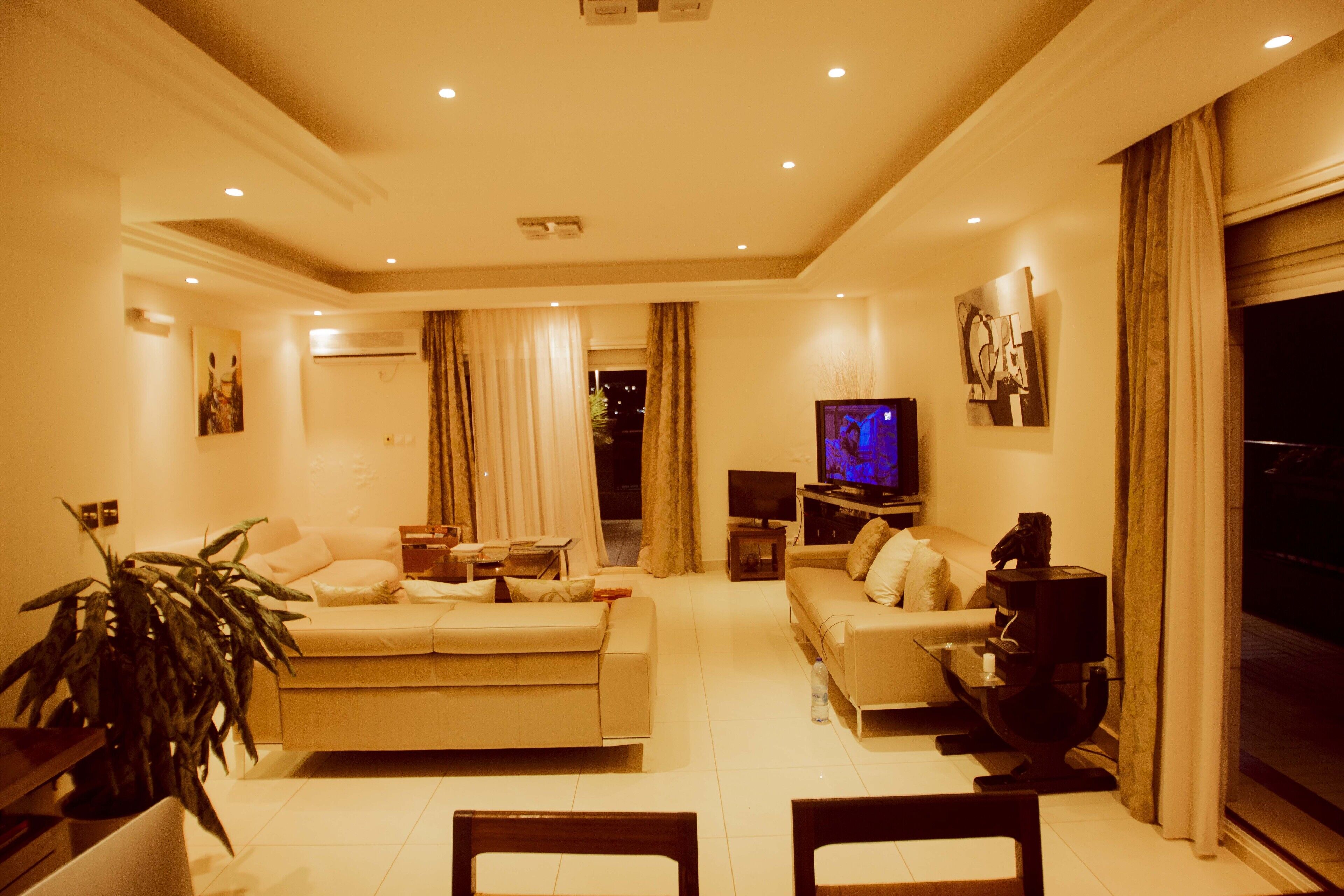 A living room with a beige sofa, a television, and a plant.