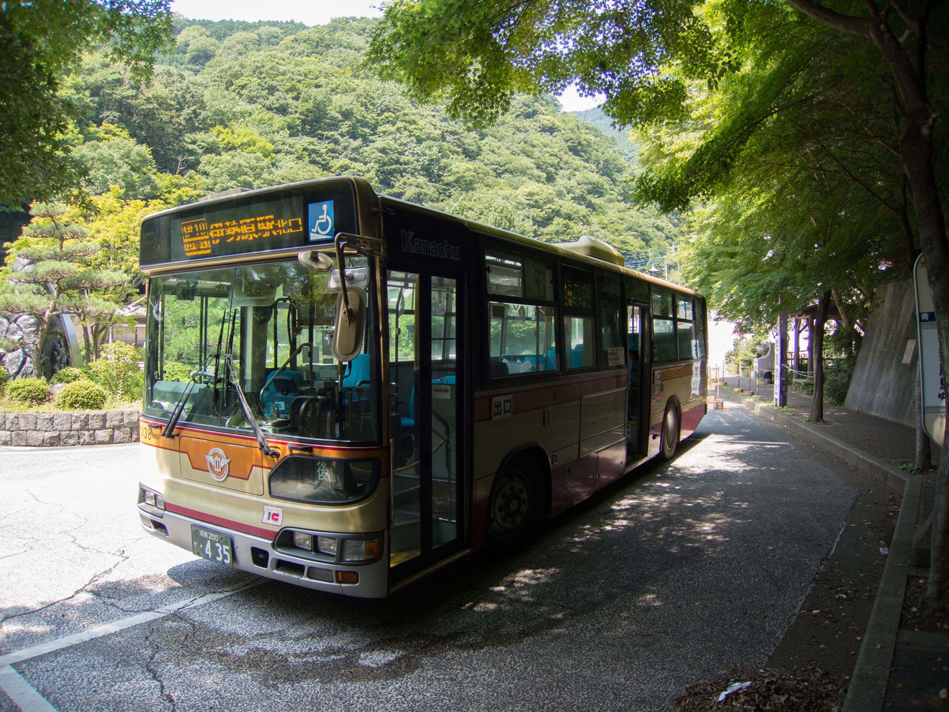 A bus parked on a road with a forested hillside in the background.