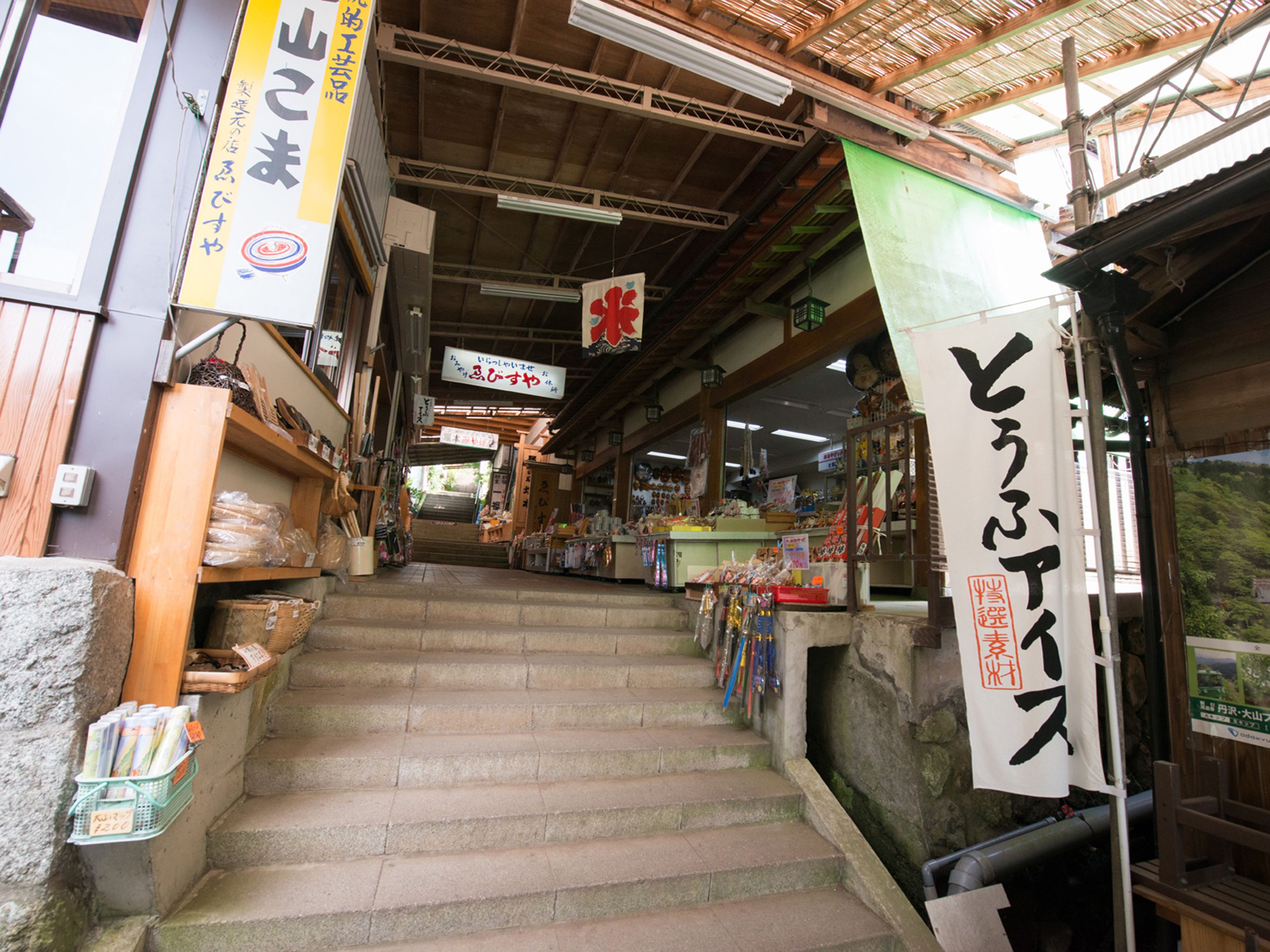 A narrow indoor corridor with stone steps leading to a shop area.