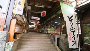 A narrow indoor corridor with stone steps leading to a shop area.