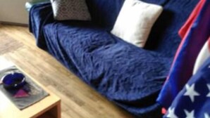 A room with a blue sofa, a wooden coffee table, and a framed picture on the wall.