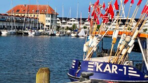 A marina with boats docked, a building with a red roof, and a blue boat with 'KAR-1' on its side. - Tobias house rental - Tobias house (Karlshagen)