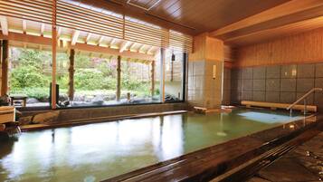 A traditional Japanese onsen with a wooden interior, a stone wall, and a view of greenery outside.