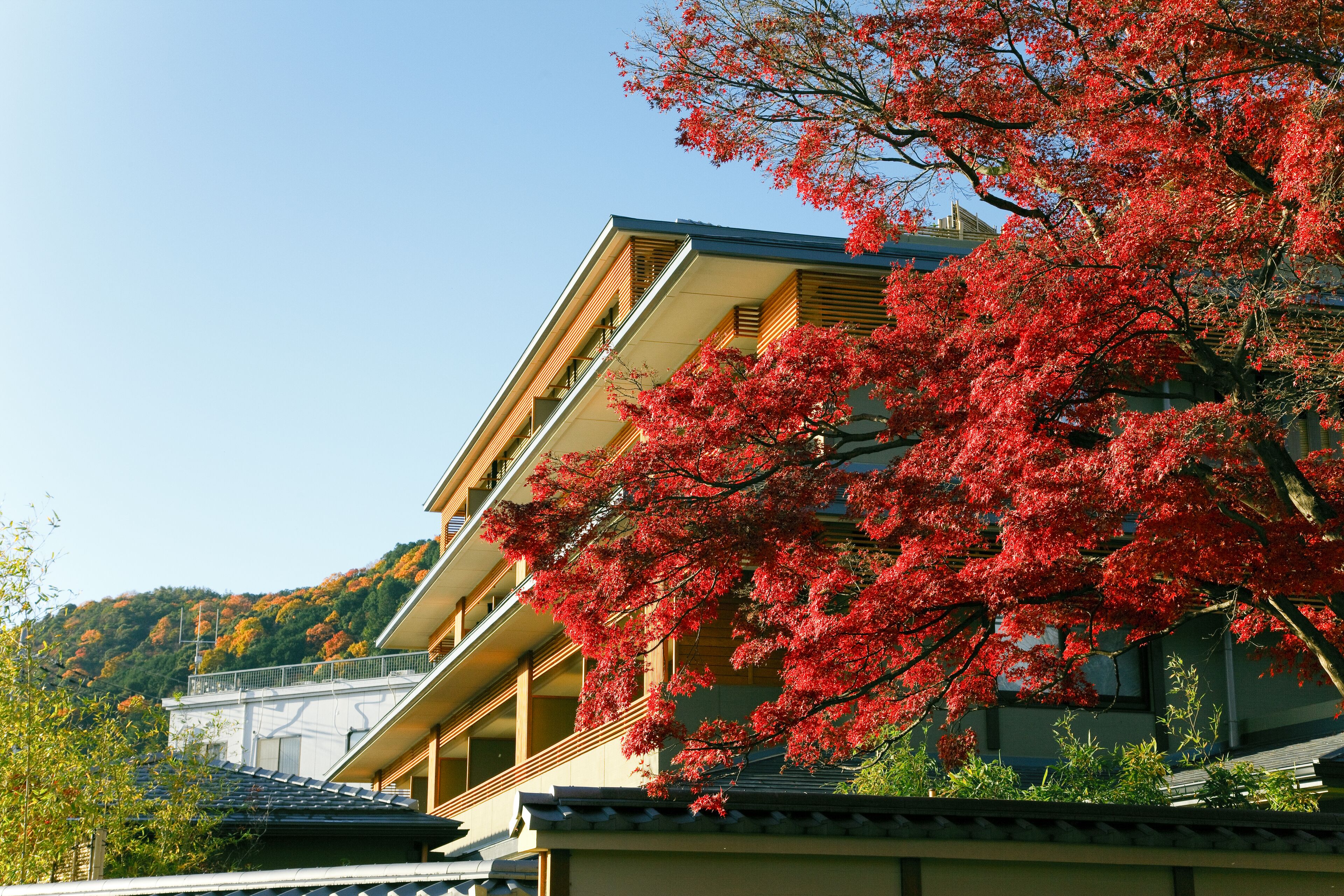 A traditional Japanese building with a balcony and a view of a hillside.