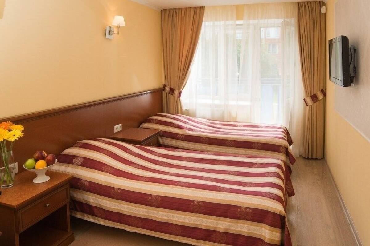 Hotellihuone, jossa on kaksi sänkyä, yöpöytä, jossa on maljakko täynnä kukkia, ja seinälle asennettu televisio.