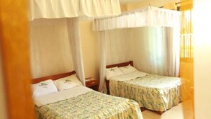 A room with two single beds, each with a canopy.