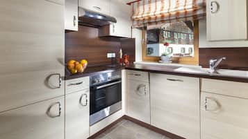Full-sized fridge, oven, stovetop, dishwasher