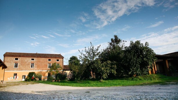 A building with a brick facade and a flat roof, surrounded by greenery and a gravel driveway. - B&B Stradivari (Cremona)