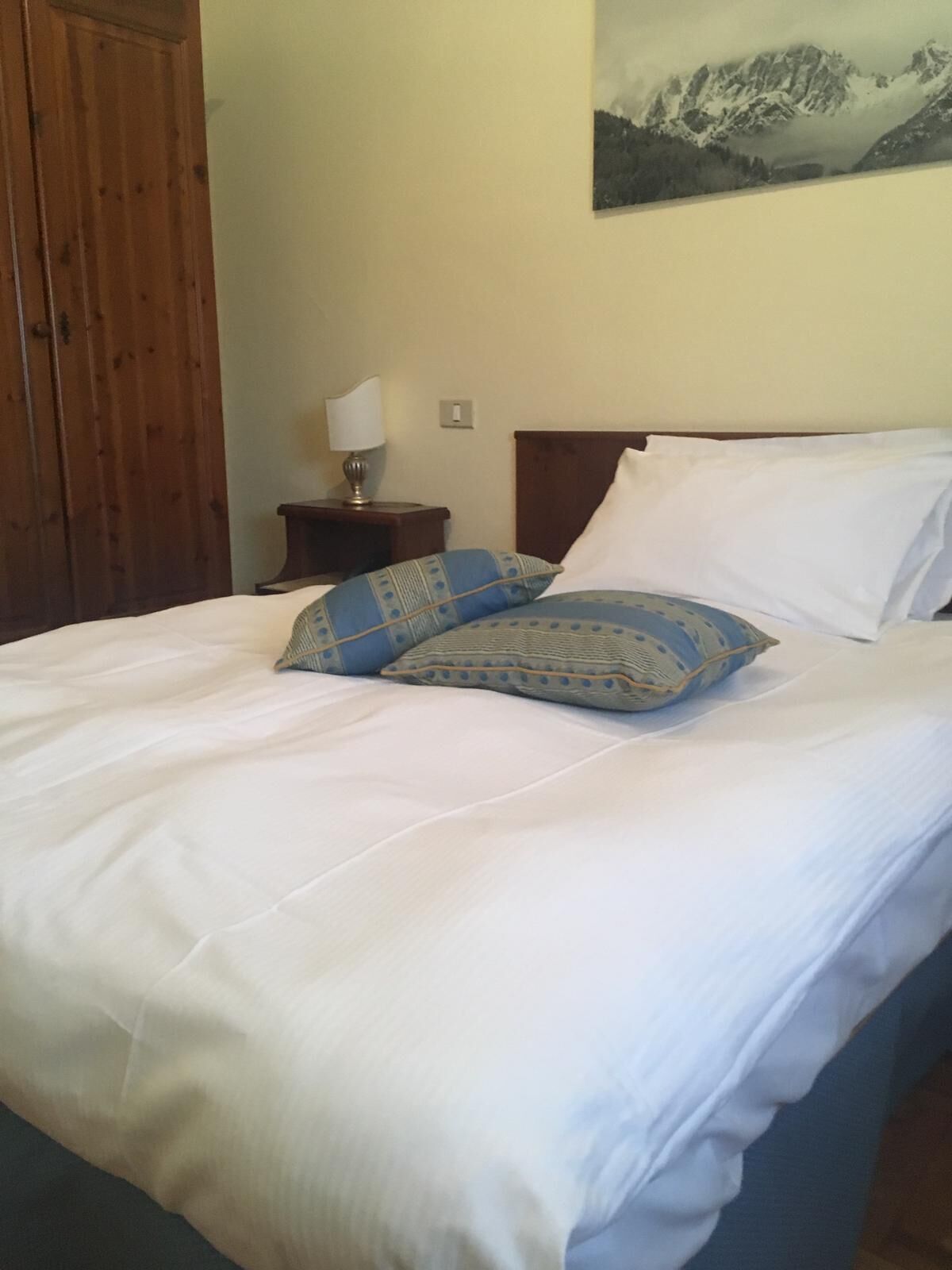 Una cama bien hecha con sábanas blancas y dos almohadas estampadas, un armario de madera, una mesita de noche pequeña con una lámpara, y un cuadro colgado en la pared con un paisaje de montaña.