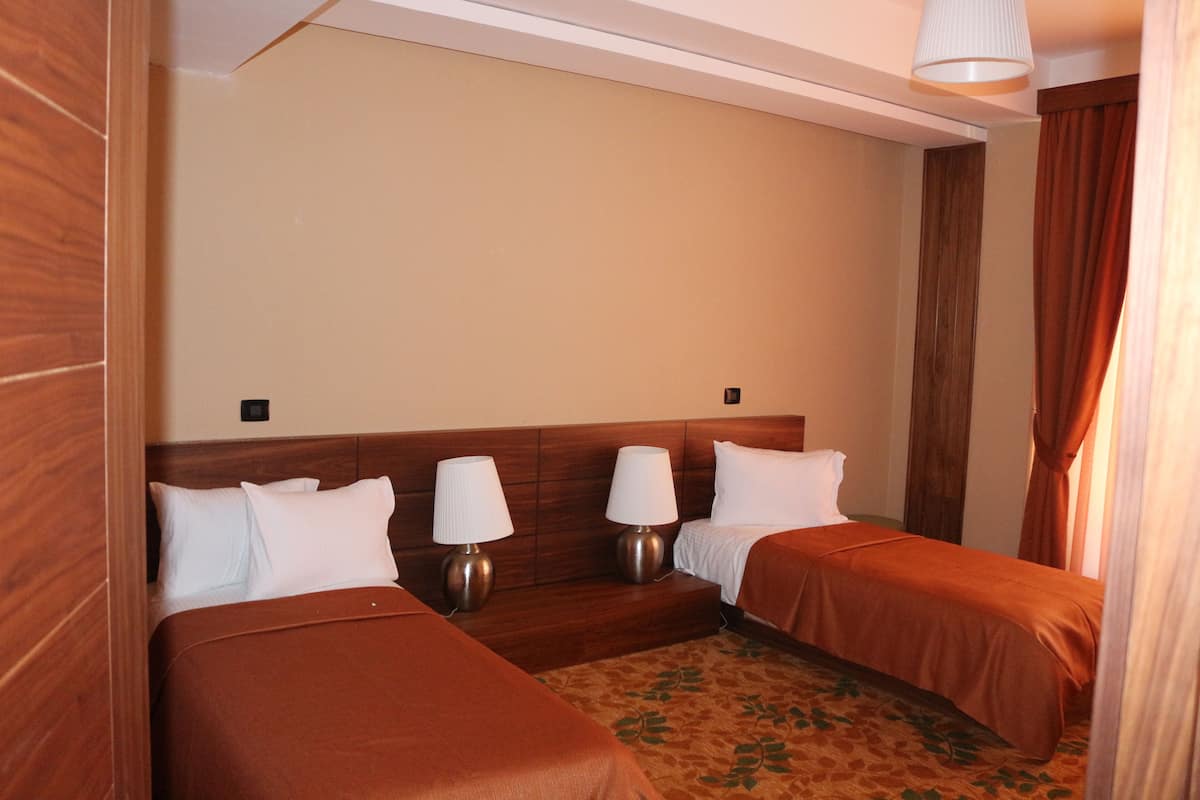 Habitación de hotel con dos camas, cabeceros de madera y alfombra estampada.