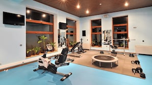 Ein Fitnessstudio mit Trainingsgeräten, großen Fenstern und einem blauen Boden.