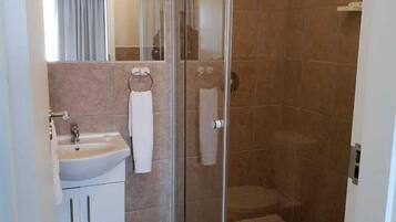 A bathroom with a glass-enclosed shower, a sink, and a toilet.