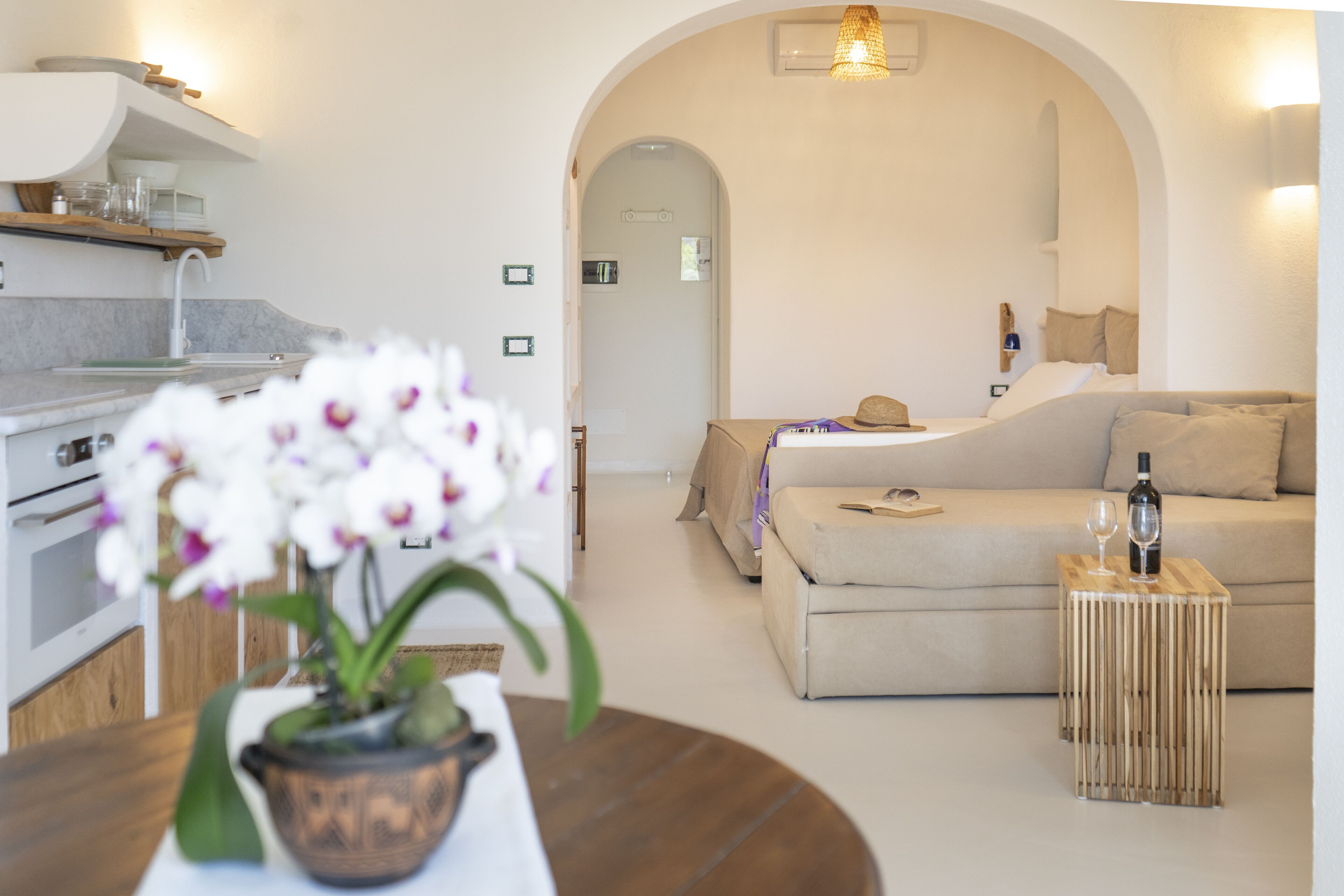 Una sala moderna con un sofá, una mesita de madera con una botella de vino y una copa, y una zona de cocina con un lavamanos y una orquídea en maceta.