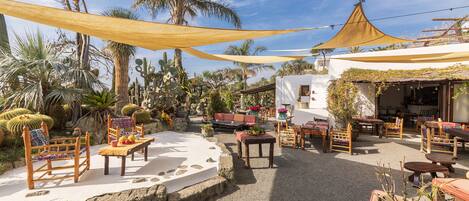 An outdoor patio area with wooden furniture, a stone-tiled floor, and a variety of plants and cacti.