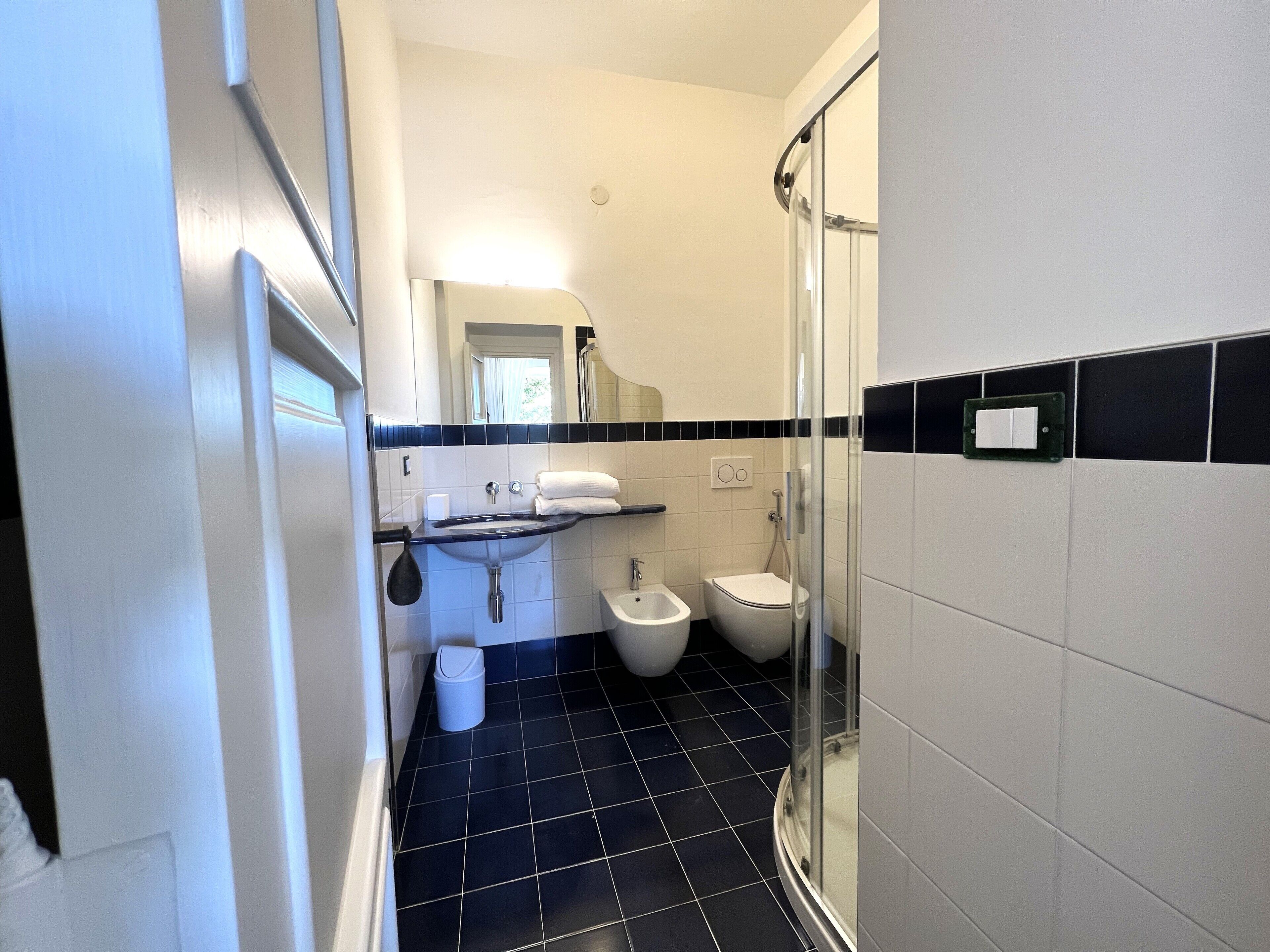 Un baño con lavamanos, inodoro y ducha.