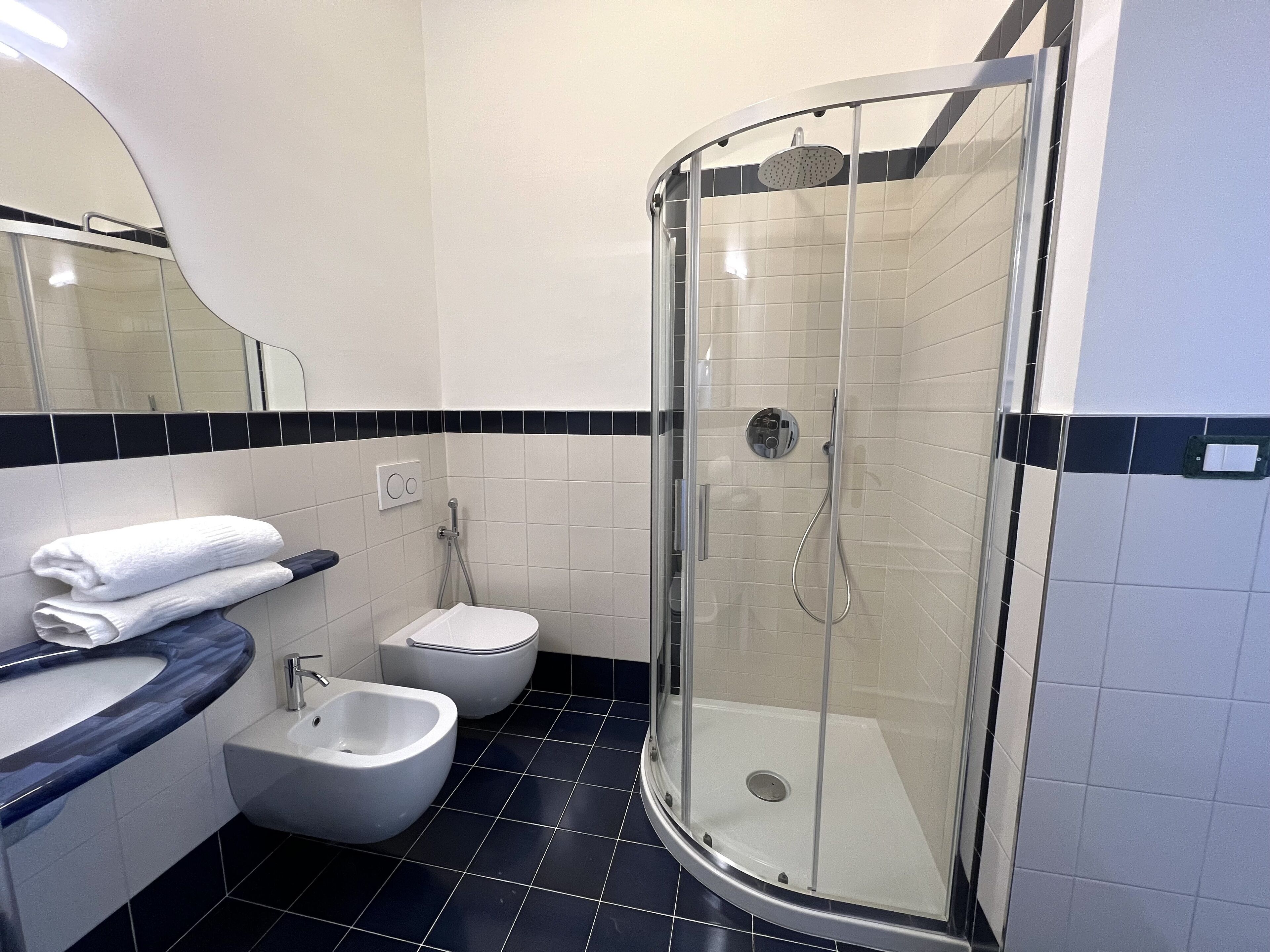 A modern bathroom with a glass-enclosed shower, a bidet, a sink, and a mirror.