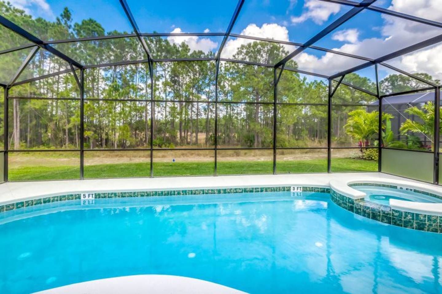 A swimming pool with a glass enclosure, surrounded by a forested area.