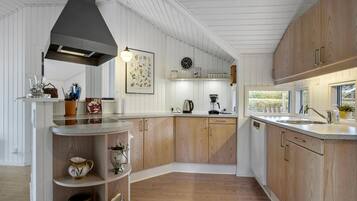 Fridge, stovetop, dishwasher, coffee/tea maker