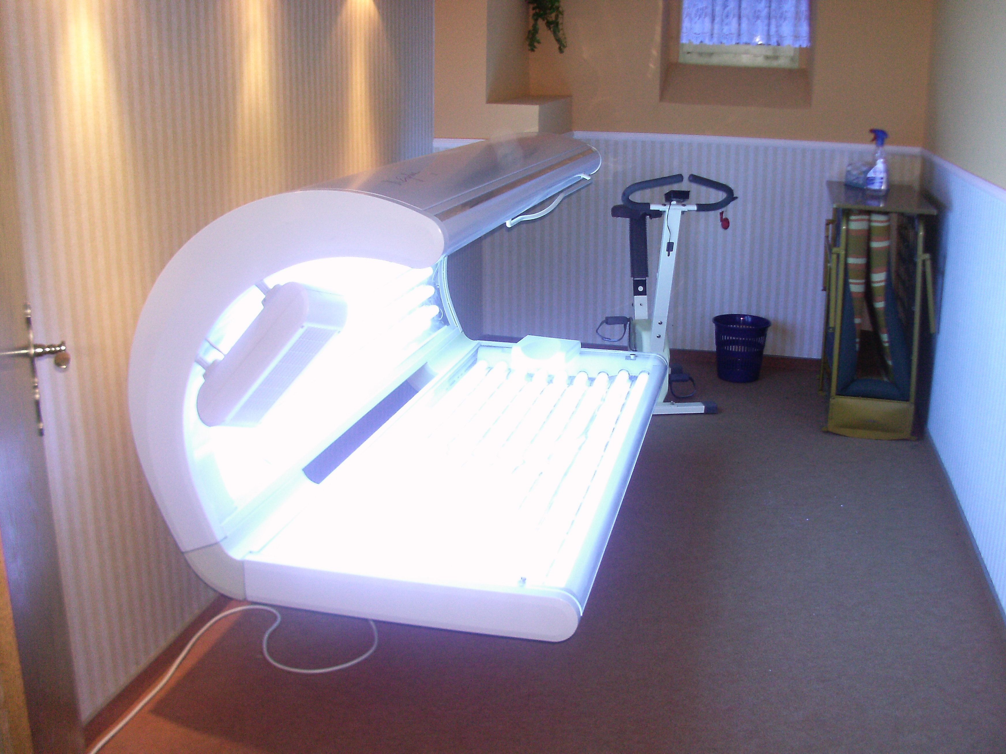 A room with a white desk lamp, a small table with a plant, a radiator, and a window with curtains.