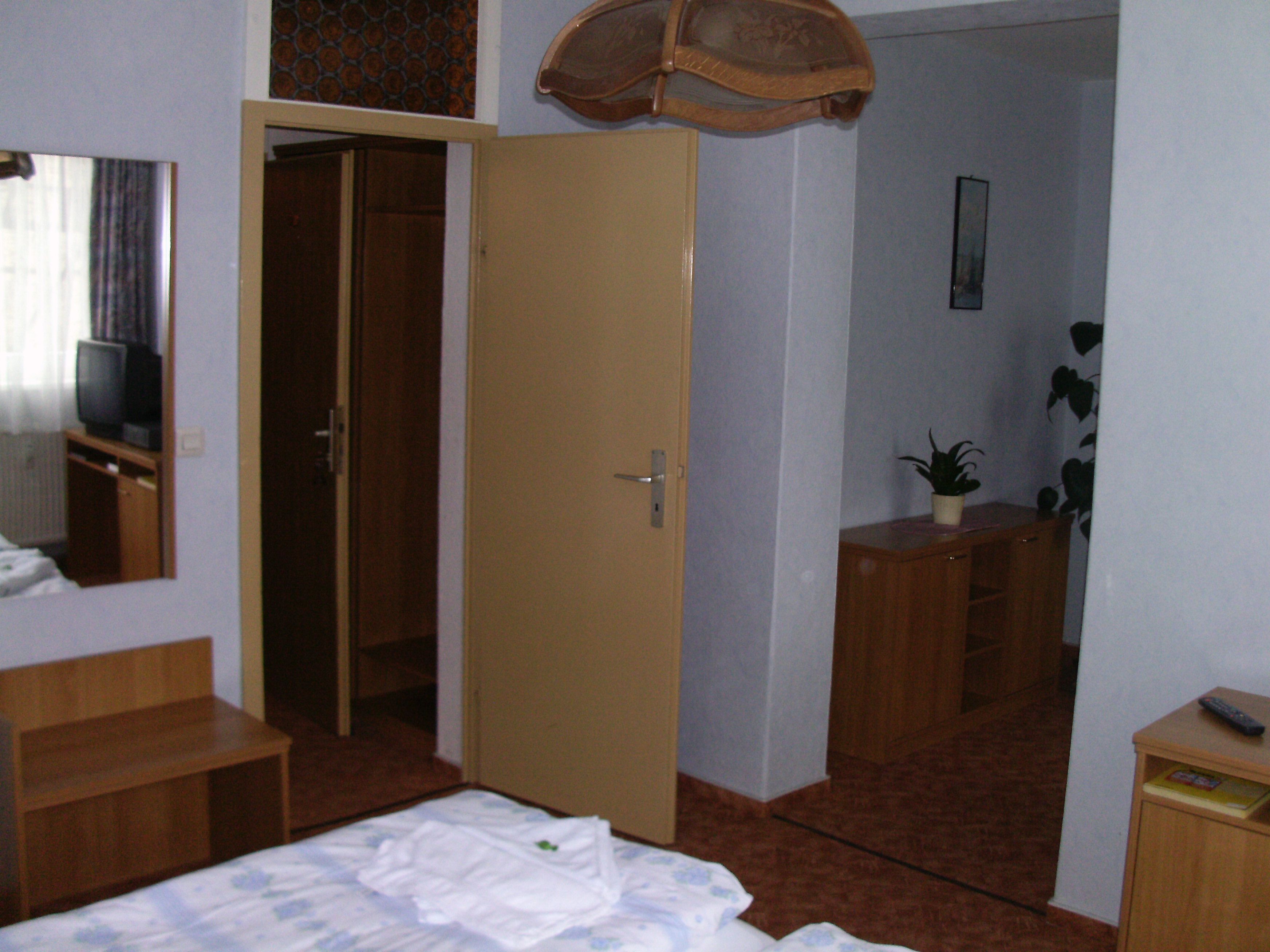 A hotel room with a bed, a wooden wardrobe, a desk with a mirror, a small table with a plant, and a door leading to another room.