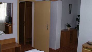 A hotel room with a bed, a wooden wardrobe, a desk with a mirror, a small table with a plant, and a door leading to another room.