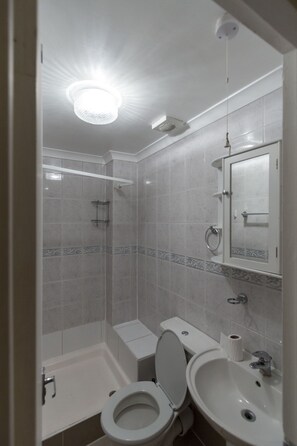 A modern bathroom with a shower, toilet, and sink.