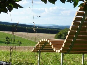 A wooden bench with a curved backrest in a grassy field with a distant view of hills. - Ferien im Hunsrück (Beltheim)