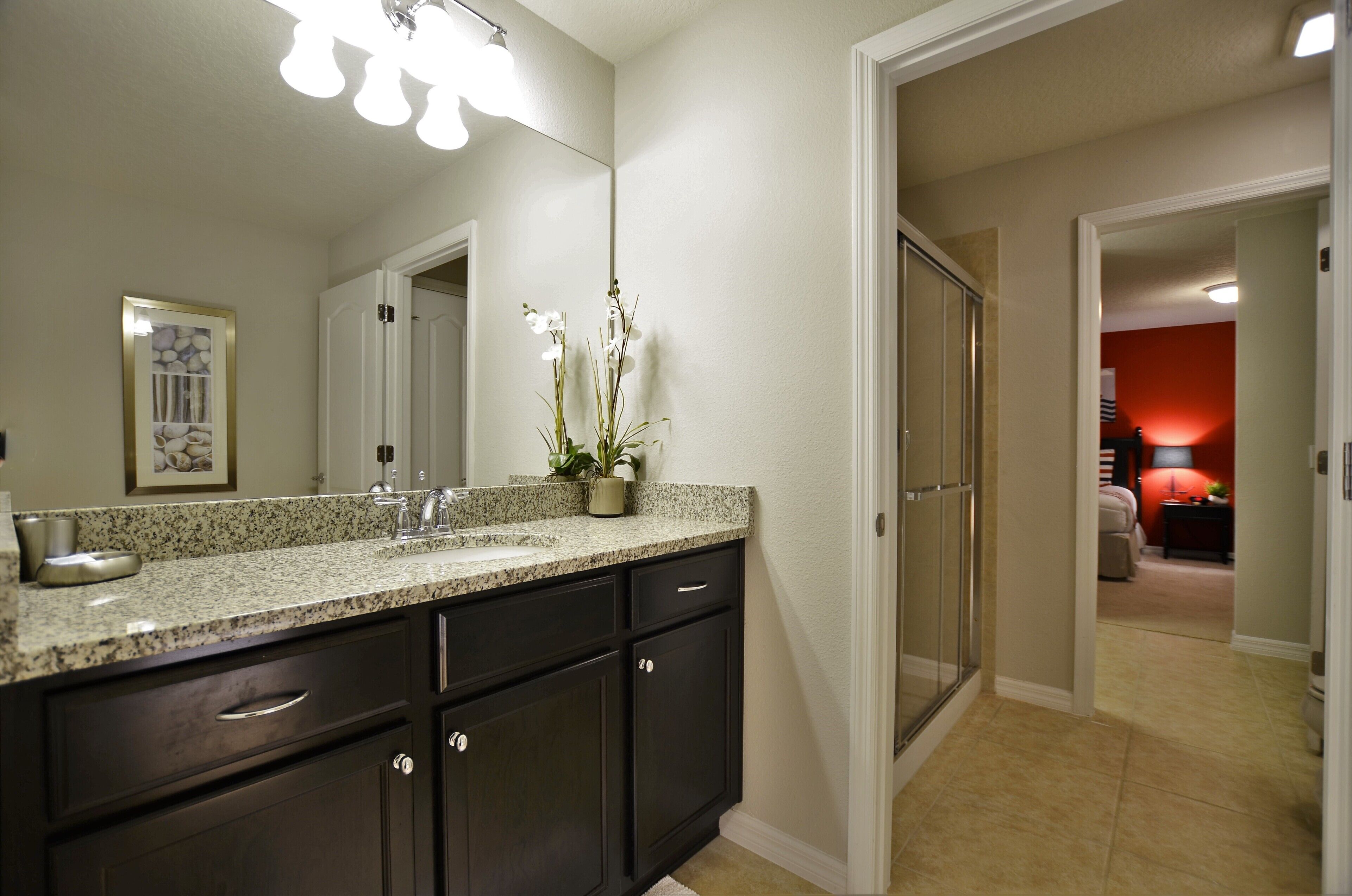 A bathroom with a granite countertop, dark cabinets, a large mirror, and a potted orchid.
