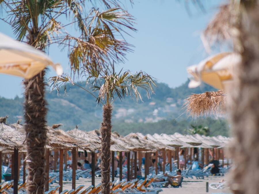 Private beach, white sand, sun-loungers, beach umbrellas