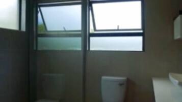 A bathroom with a toilet, a bidet, and a window.
