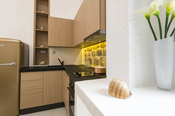 Fridge, microwave, stovetop, espresso maker