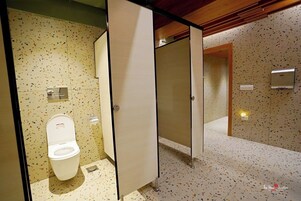 A modern bathroom with a toilet, a sink, and a shower area.
