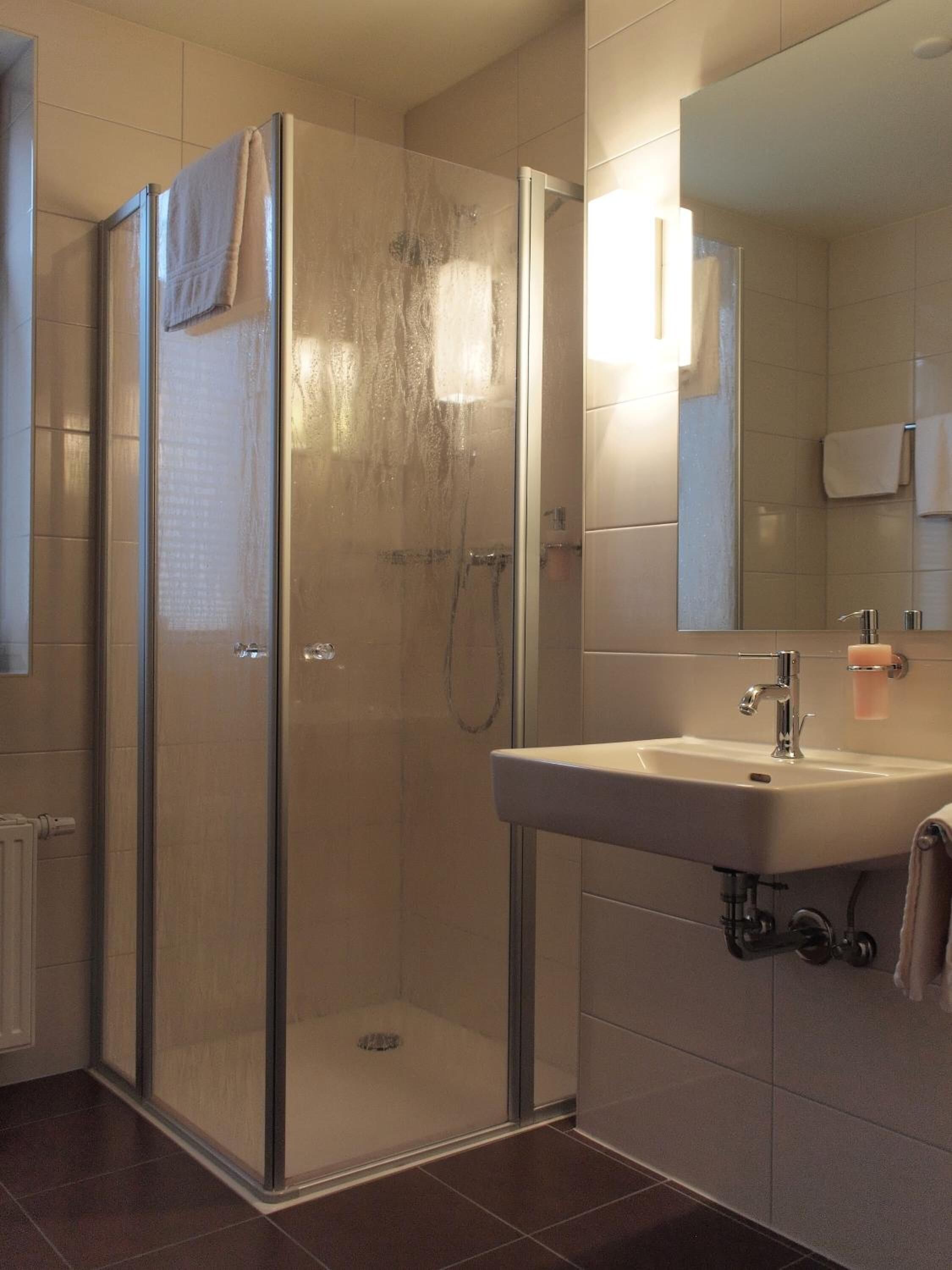 shower, free toiletries, hair dryer, towels