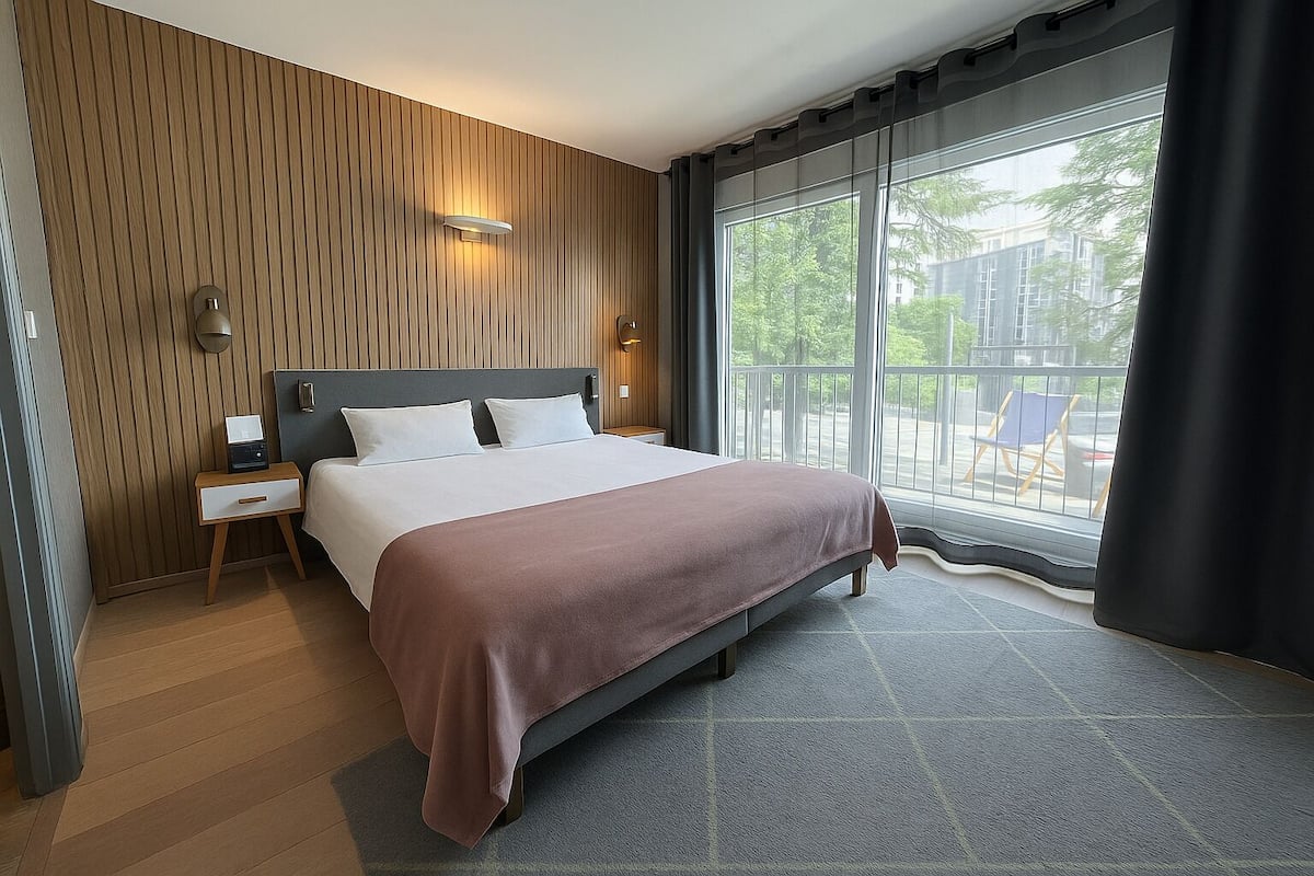 Une chambre d’hôtel moderne avec un grand lit, des murs recouverts de panneaux de bois, une table de chevet, une petite table et une grande fenêtre donnant sur l’extérieur.