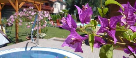 Una piscina al aire libre de temporada, sombrillas