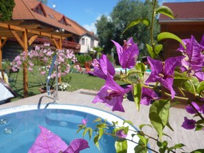 Seasonal outdoor pool, pool umbrellas, pool loungers