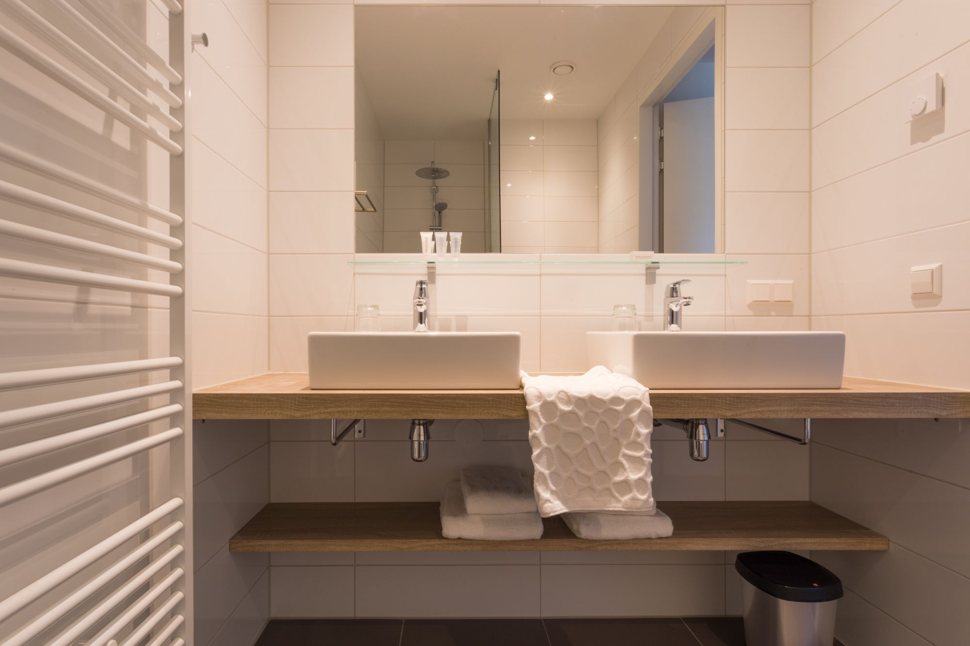 Een moderne badkamer met twee wasbakken, een glazen plank, een handdoekhouder en een afvalbak.