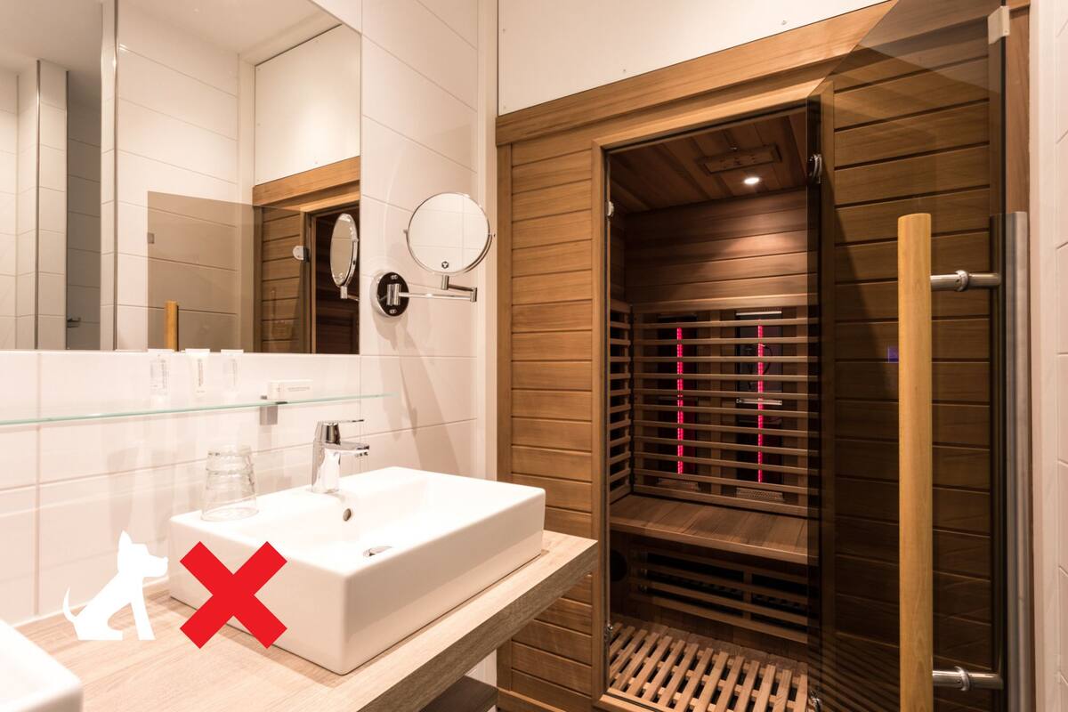Une salle de bain moderne avec un grand miroir, un lavabo blanc et une cabine de douche en bois.