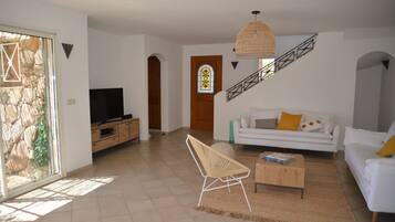 Televisión de pantalla plana, chimenea y reproductor de DVD