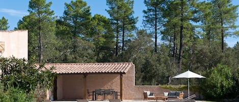 A heated pool, pool loungers