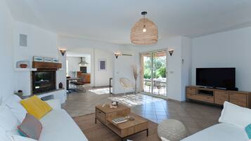 Televisión de pantalla plana, chimenea y reproductor de DVD