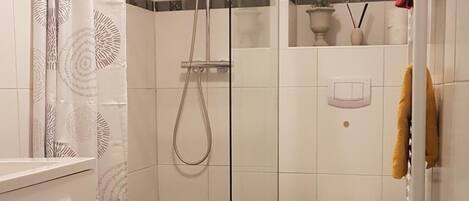A bathroom with a glass-enclosed shower, a toilet, and a sink.