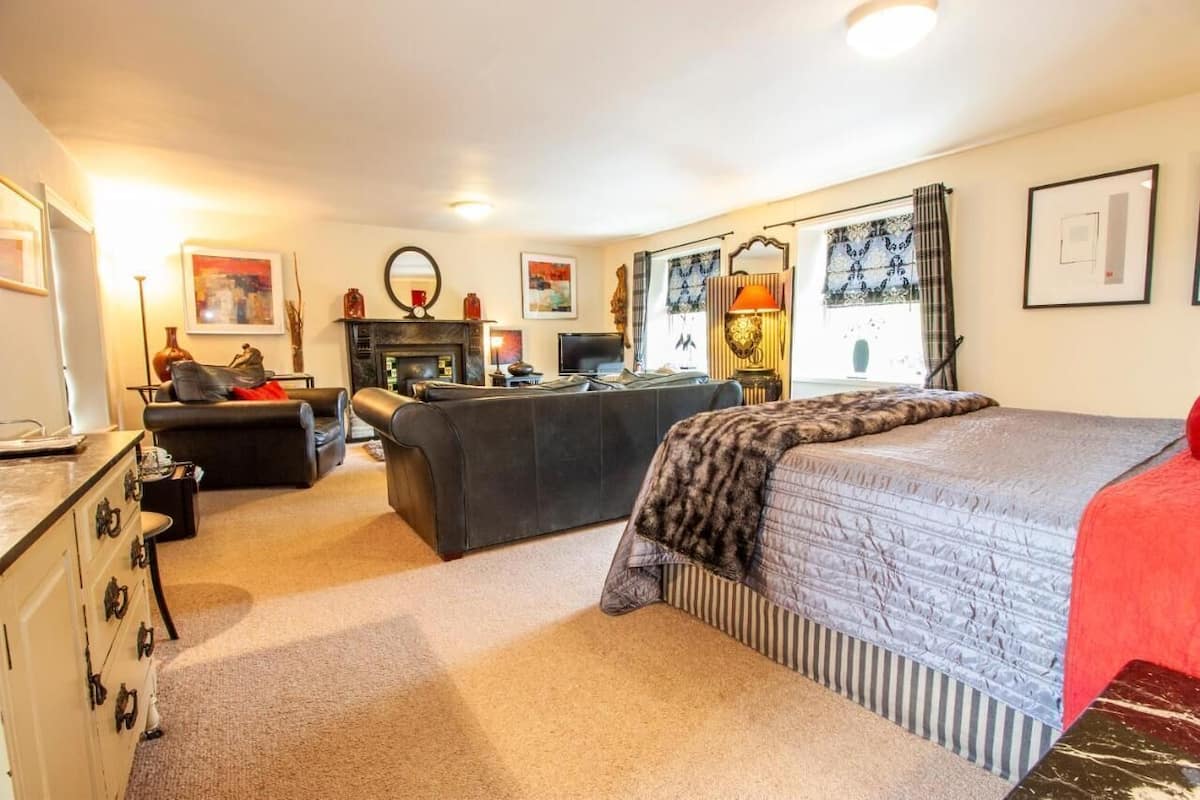 A bedroom with a bed, a sofa, a TV, and a fireplace.