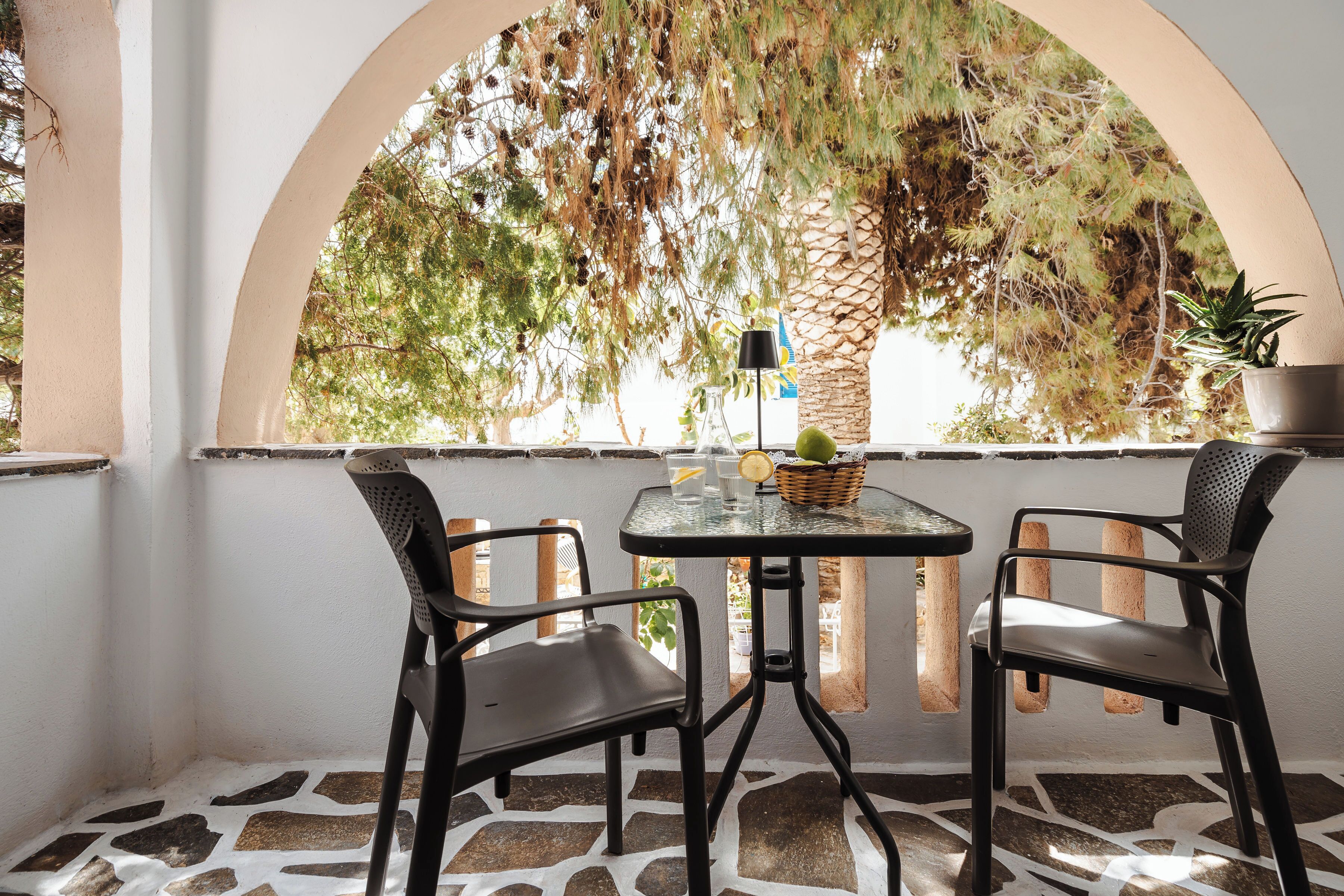 Un patio con dos sillas, una mesa y una planta en maceta.