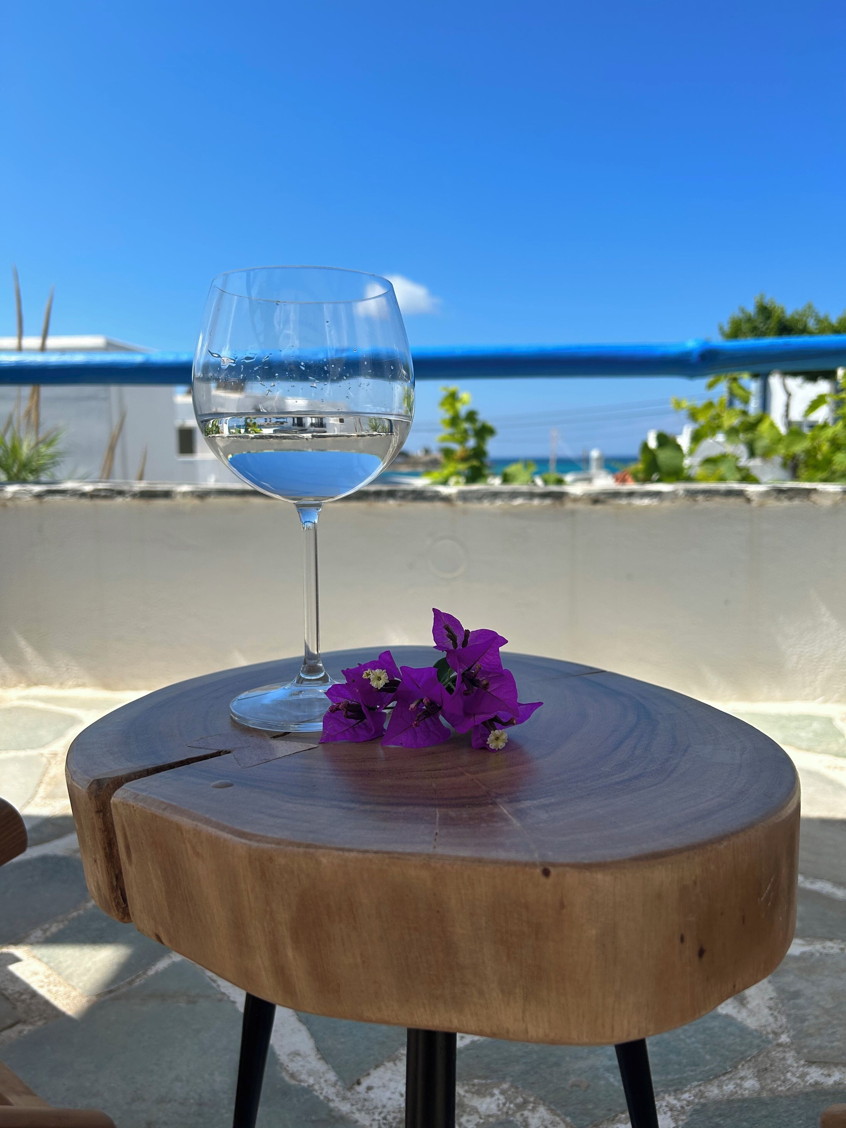 A glass of water on a wooden table with purple flowers, overlooking a beach and the sea.