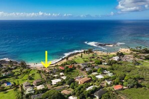 An aerial view of a coastal residential area with houses, a beach, and a clear view of the ocean.