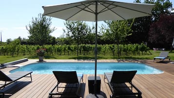 Seasonal outdoor pool, open 10:00 AM to 7:00 PM, pool umbrellas