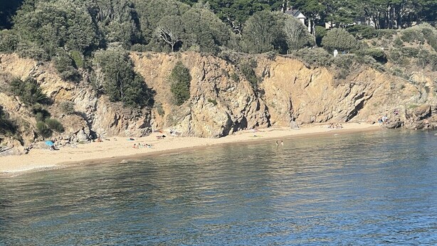 Ein Strand mit felsigen Klippen und vereinzelter Vegetation.