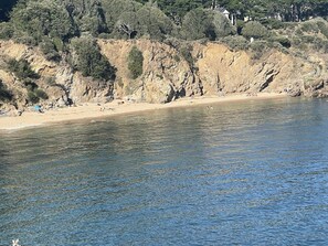 Une plage bordée de falaises rocheuses et dotée d’une végétation clairsemée.