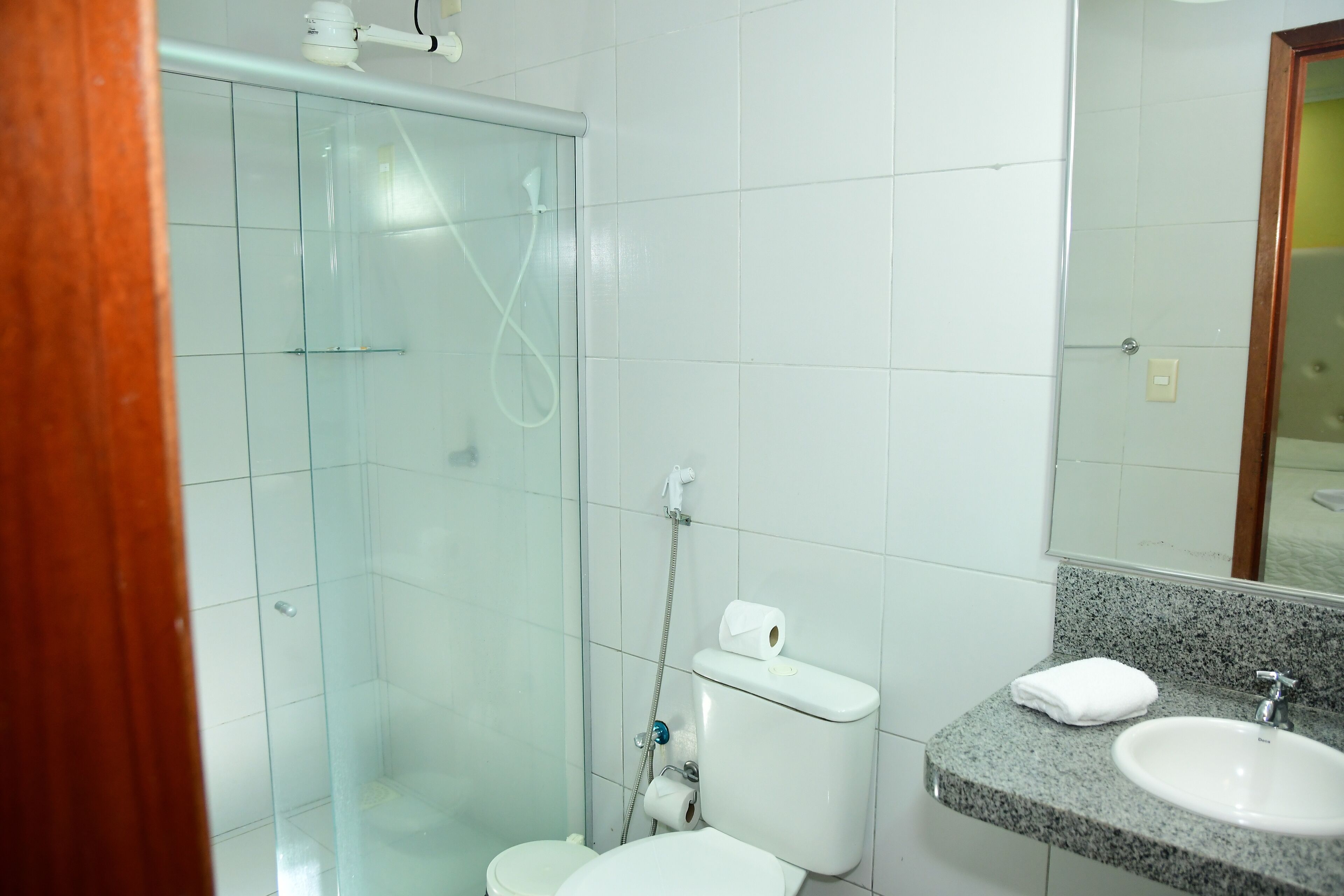 A bathroom with a glass-enclosed shower, a toilet, and a sink with a mirror above it.